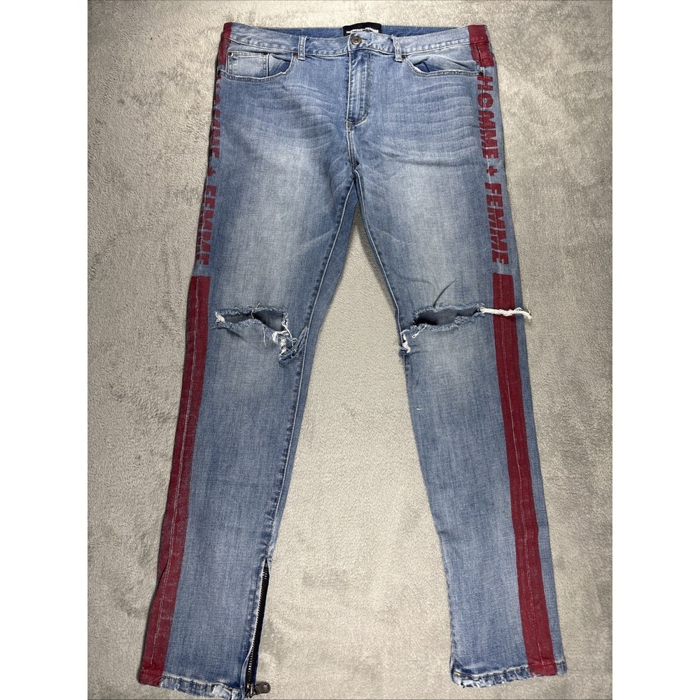 Homme Femme Jeans Men's Distressed Logo Spell Hole Jeans Size 40